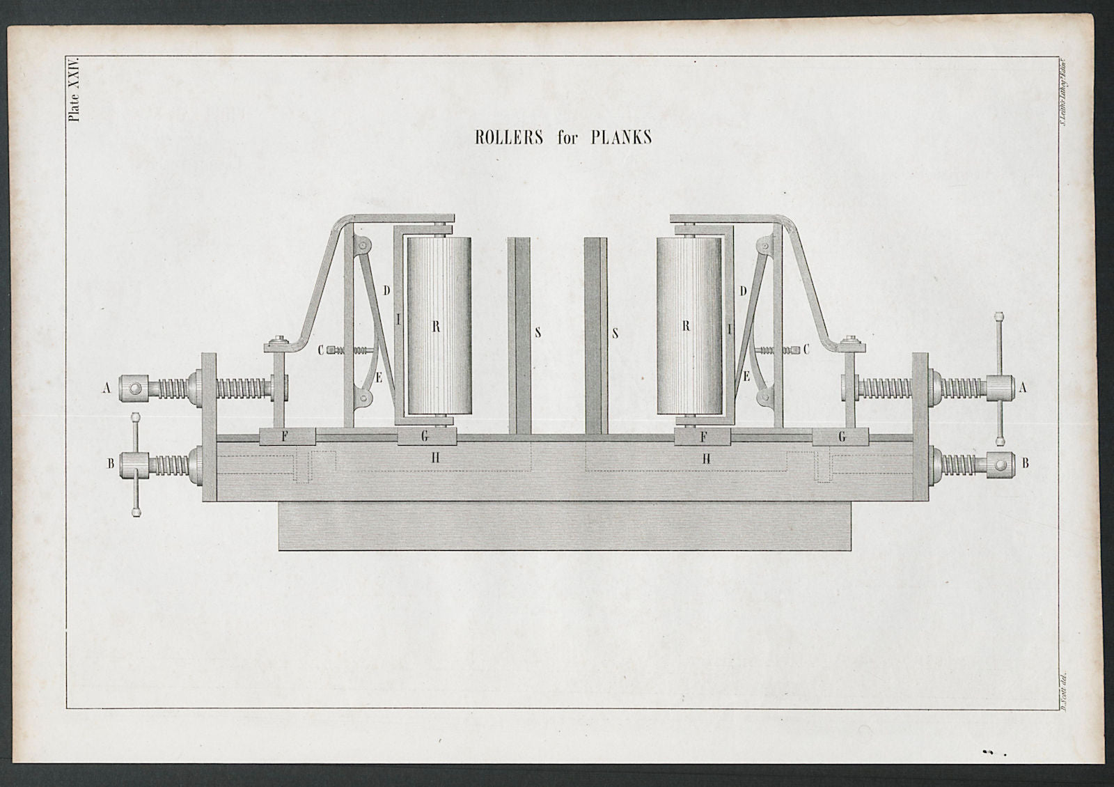 VICTORIAN ENGINEERING DRAWING Rollers for planks 1847 old antique print